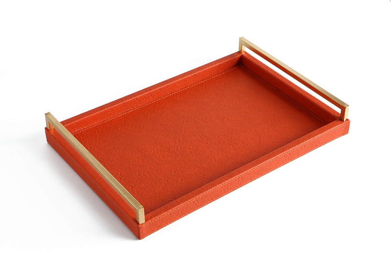 WV Havana Orange PU Leather Serving Tray with Gold Leaf Metal Handles - Decorative Coffee Table Tray - Image 1